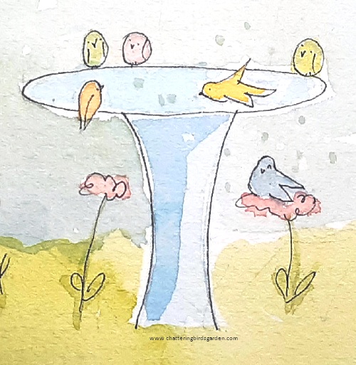 Imaginary garden.  Fanciful garden with cute birds.  Make believe garden.  Painting of birds taking a bath in a bird bath.  