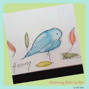 Henry the blue bird.  Cute garden bird.  Imaginary bird.  Fanciful garden.  Fall in the garden