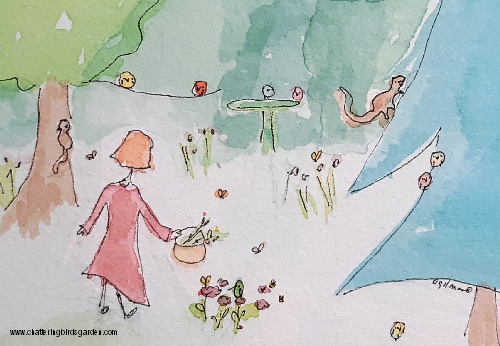 Imaginary garden with cute birds.  Fanciful garden with cute stories about birds.  Garden residents.  Garden characters.  Squirrels, butterflies, bees, ladybugs, birds.  