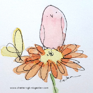 Cute pink bird sitting on an orange flower and a yellow butterfly.  Chattering Birds Garden.  Imaginary garden.  Fanciful bird.  