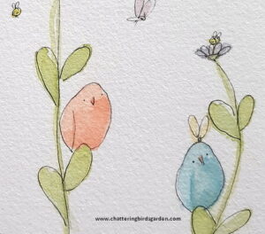 Summer in the garden. Imaginary garden. Fanciful garden. Cute birds. 